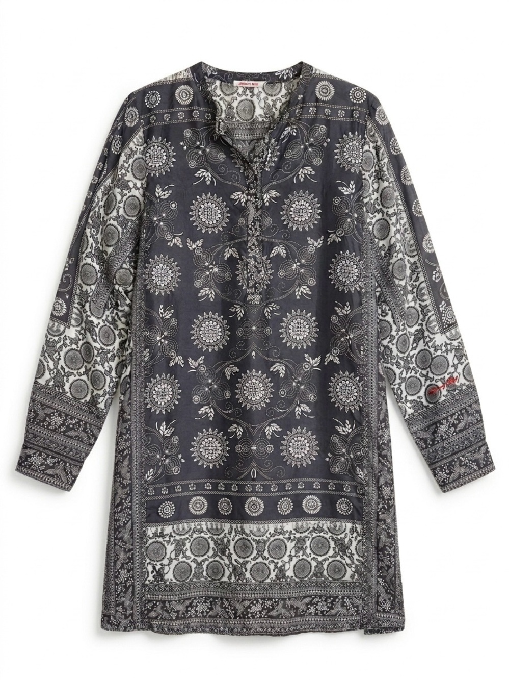 Johnny Was Boho Tunic Dress Gray White Bandana 100% Silk Medium